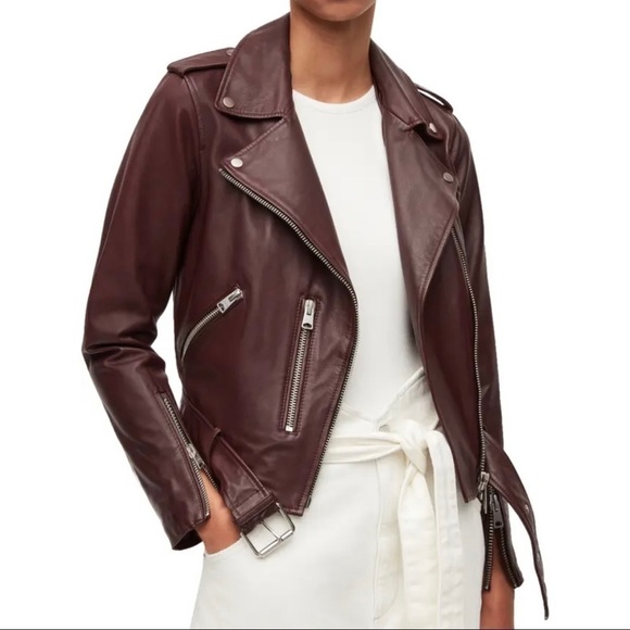ALLSAINTS BALFERN LEATHER BIKER JACKET DEEP BERRY SIZE 8.US/12.UK/40.EU $569 - Picture 1 of 15